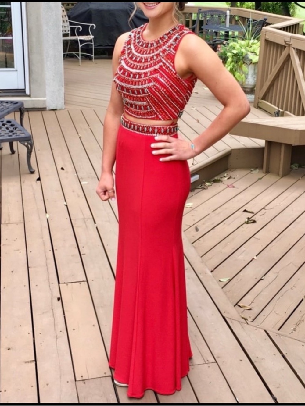 Nox Anabel Red beaded two piece floor length formal dress w/ scarf, XS